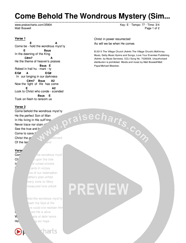 Come Behold The Wondrous Mystery (Simplified) Chord Chart (Matt Boswell)