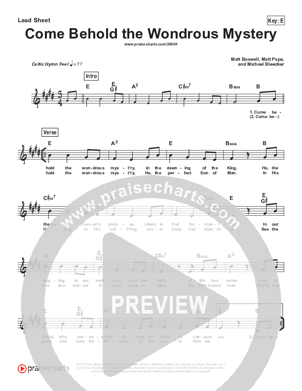 Come Behold The Wondrous Mystery (Simplified) Lead Sheet (Matt Boswell)