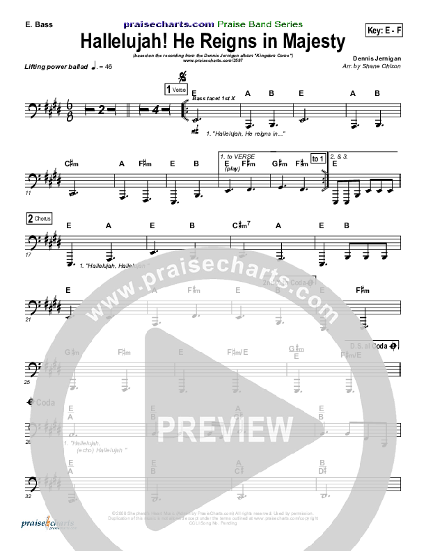 Hallelujah He Reigns Bass Guitar (Dennis Jernigan)