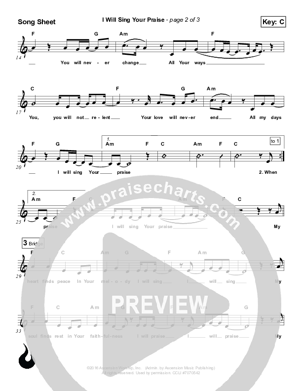 I Will Sing Your Praise Lead Sheet (Ascension Worship)