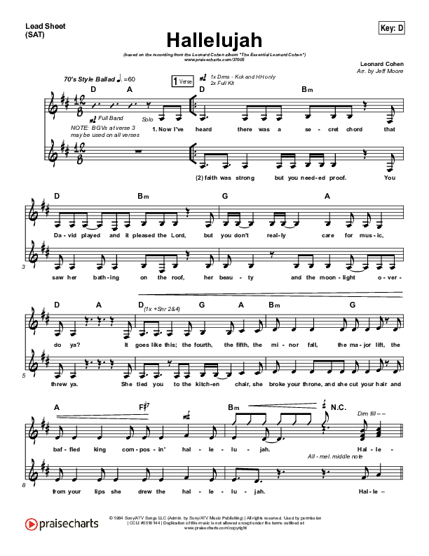 Hallelujah Lead Sheet (SAT) (Leonard Cohen)
