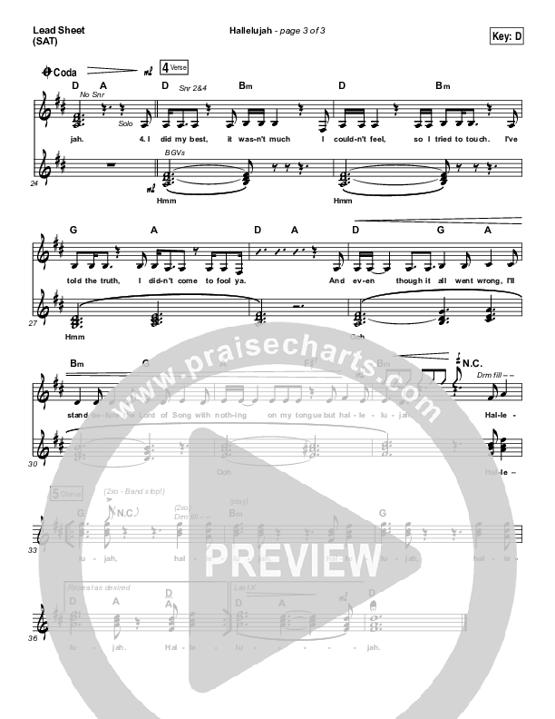 Hallelujah Lead Sheet (SAT) (Leonard Cohen)