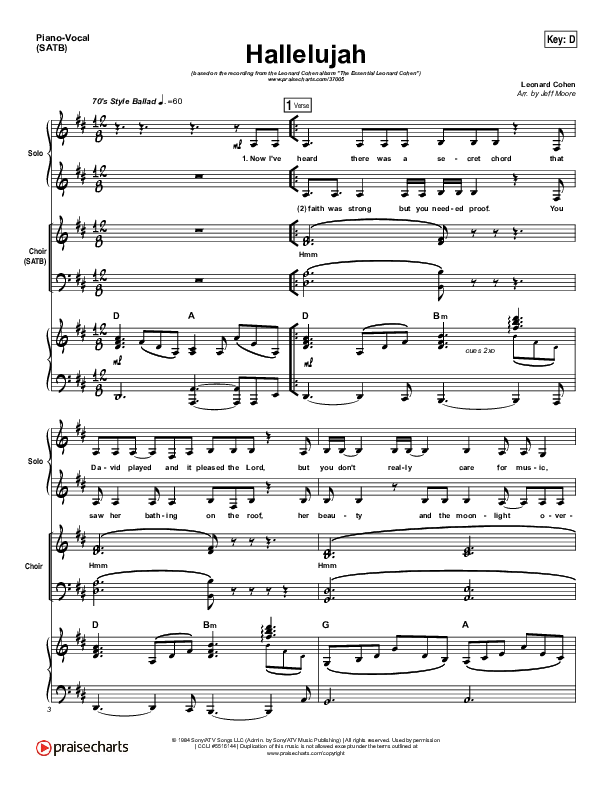 Hallelujah Piano/Vocal (SATB) (Leonard Cohen)