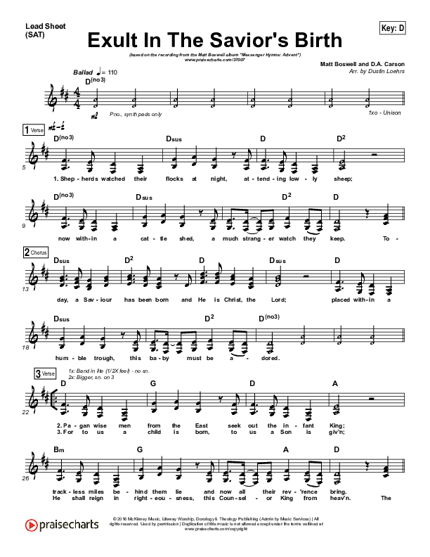 Exult In The Savior’s Birth Lead Sheet (SAT) (Matt Boswell)