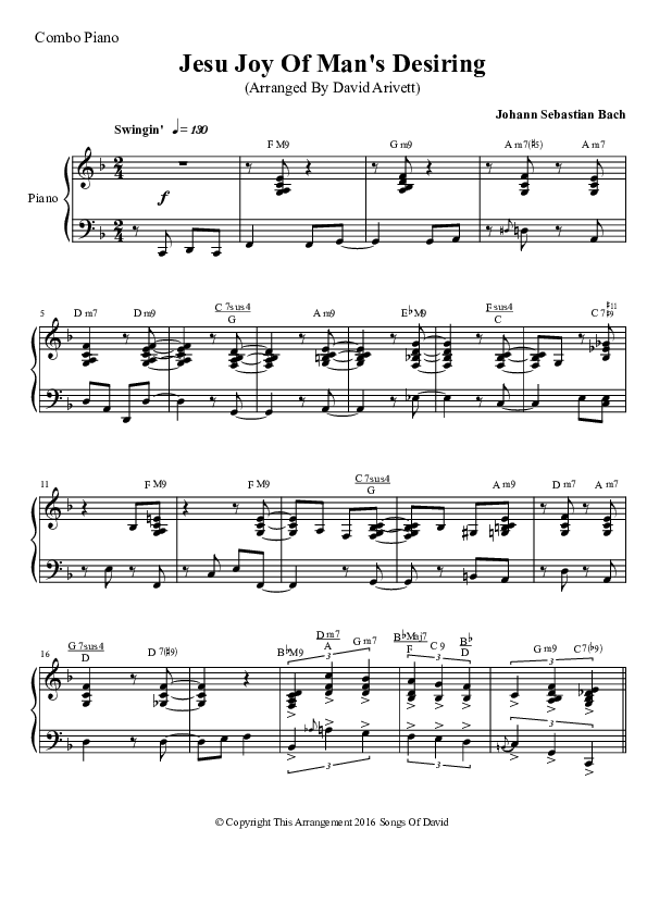 Jesu Joy Of Man's Desiring (Instrumental) Piano Sheet (David Arivett)