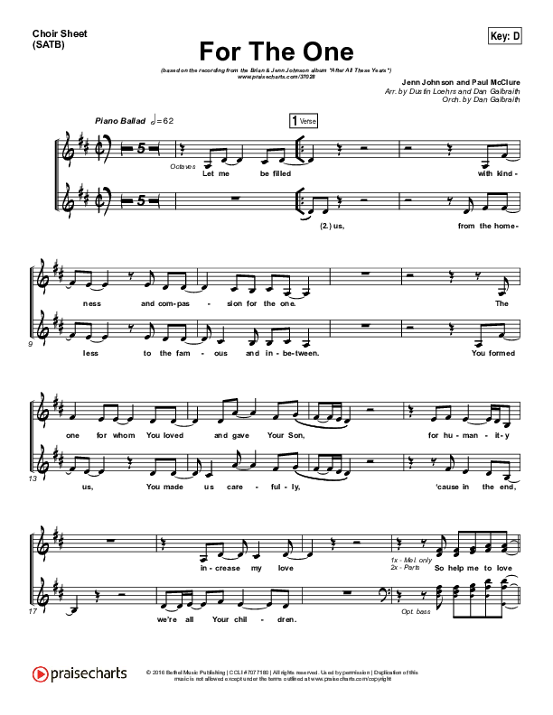 For The One Choir Sheet (SATB) (Brian Johnson / Jenn Johnson)