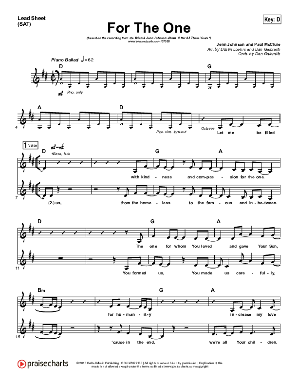For The One Lead Sheet (SAT) (Brian Johnson / Jenn Johnson)