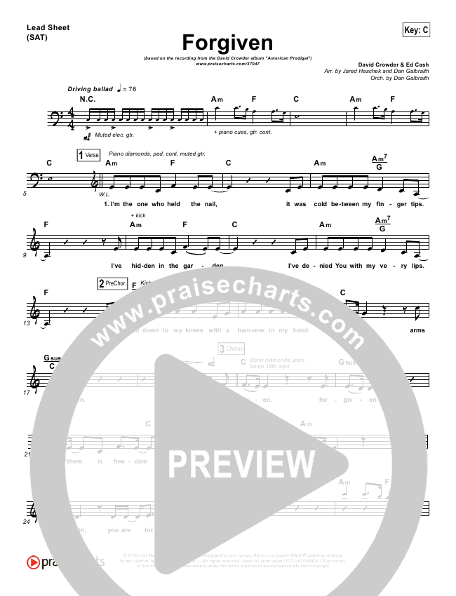 Forgiven Sheet Music Pdf David Crowder Praisecharts