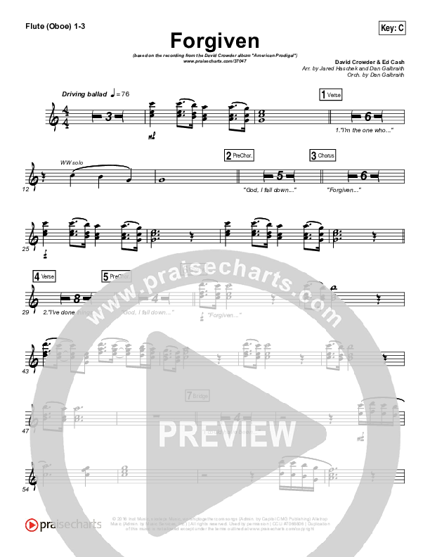 Forgiven Flute/Oboe 1/2/3 (David Crowder)
