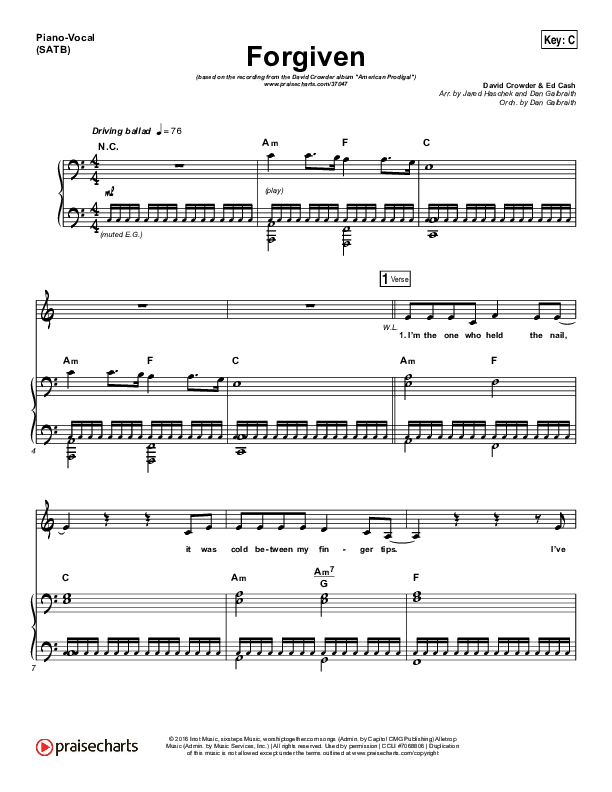 Forgiven Piano/Vocal (SATB) (David Crowder)