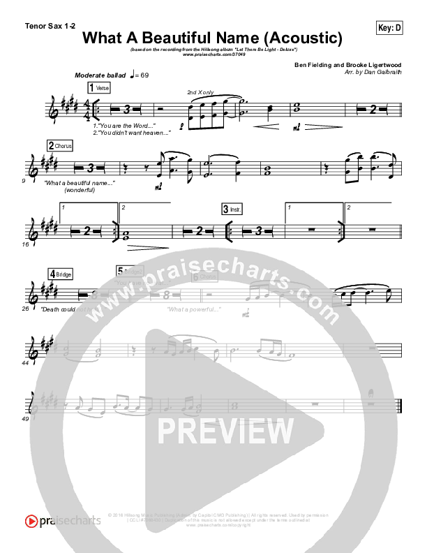 What A Beautiful Name (Acoustic) Tenor Sax 1/2 (Hillsong Worship)
