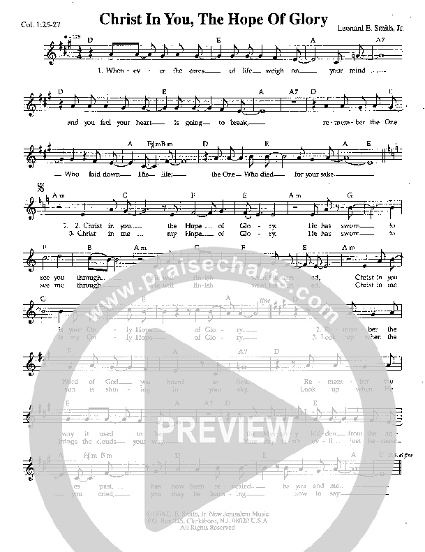 Christ In You The Hope Of Glory Lead Sheet (Lenny Smith)