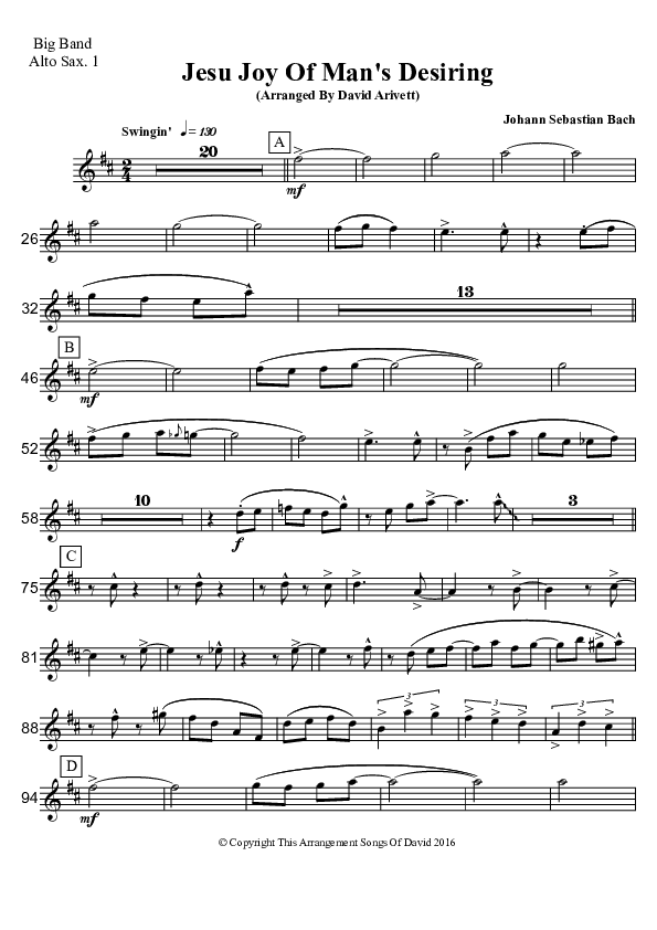 Jesu Joy Of Man's Desiring (Instrumental) Alto Sax 1/2 (David Arivett)