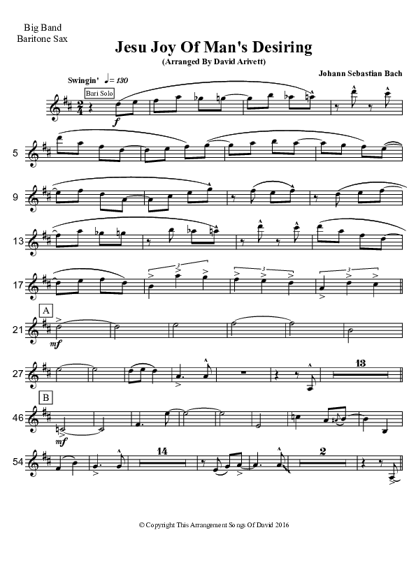 Jesu Joy Of Man's Desiring (Instrumental) Bari Sax (David Arivett)