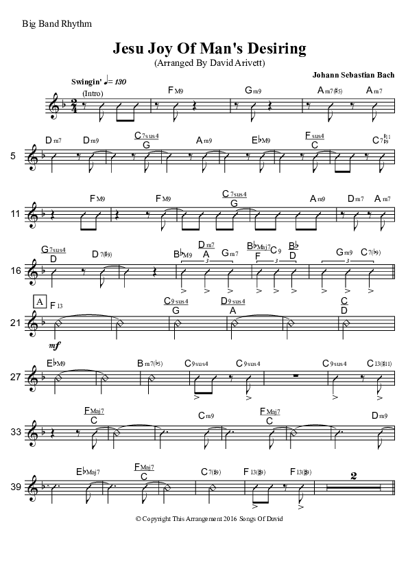 Jesu Joy Of Man's Desiring (Instrumental) Rhythm Chart (David Arivett)