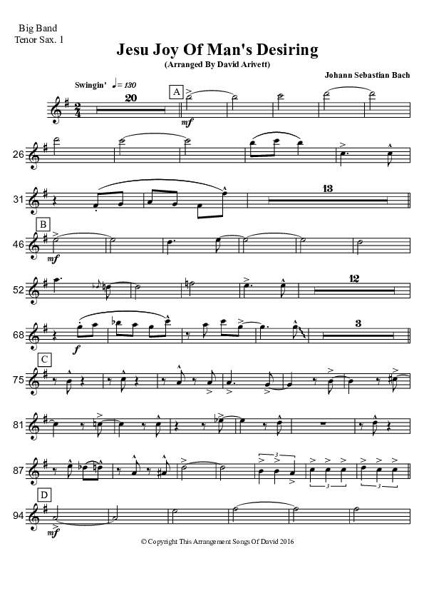 Jesu Joy Of Man's Desiring (Instrumental) Tenor Sax 2 (David Arivett)