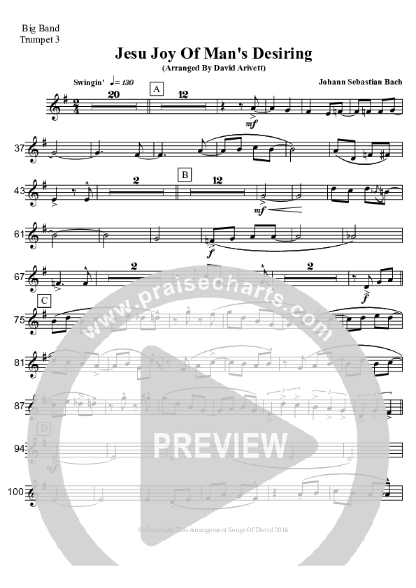 Jesu Joy Of Man's Desiring (Instrumental) Trumpet 3 (David Arivett)