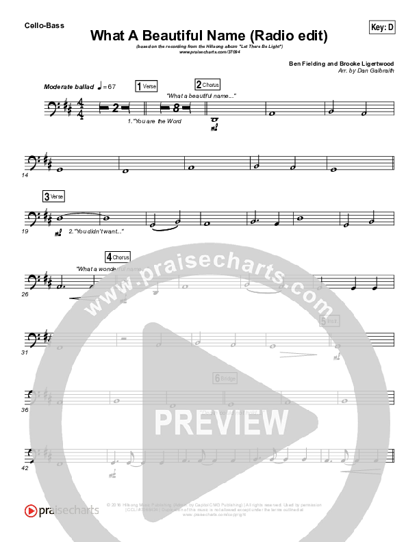 What A Beautiful Name (Radio) Cello/Bass (Hillsong Worship)