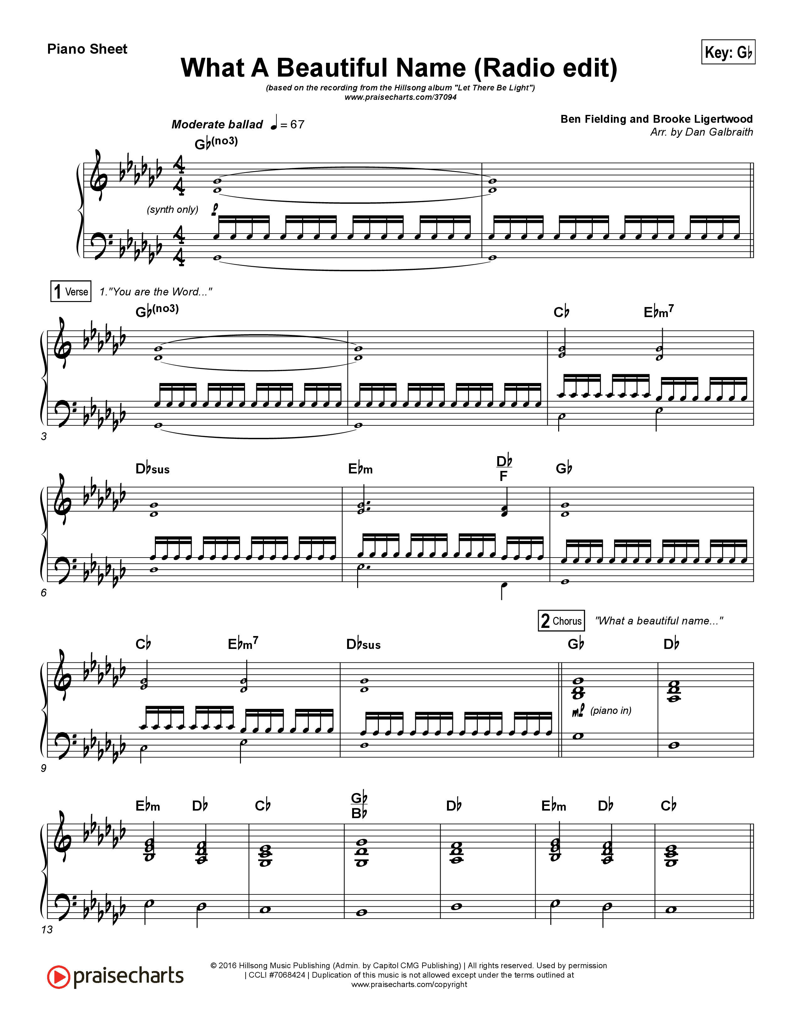 What A Beautiful Name (Radio) Piano Sheet (Hillsong Worship)