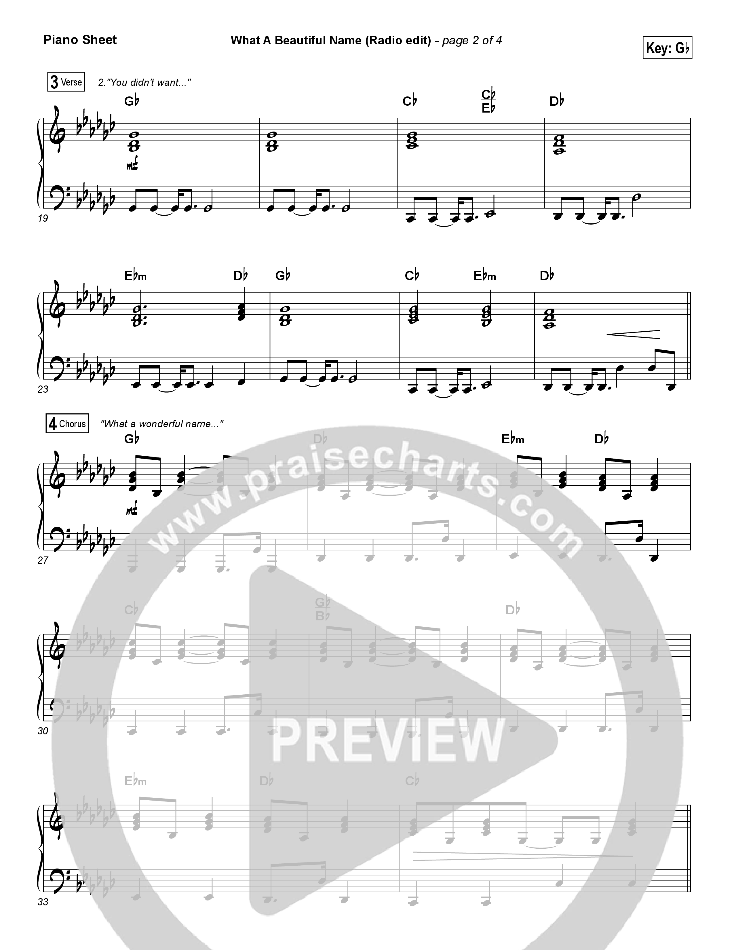 What A Beautiful Name (Radio) Piano Sheet (Hillsong Worship)