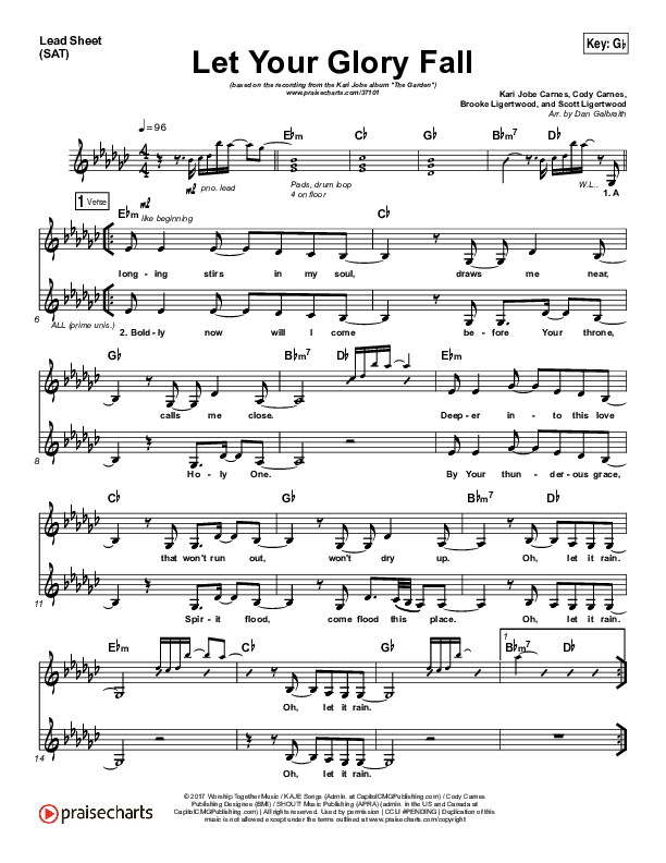 Let Your Glory Fall Lead Sheet (SAT) (Kari Jobe)