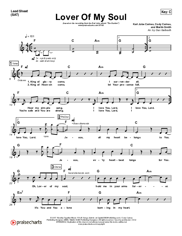 Lover Of My Soul Lead Sheet (SAT) (Kari Jobe)