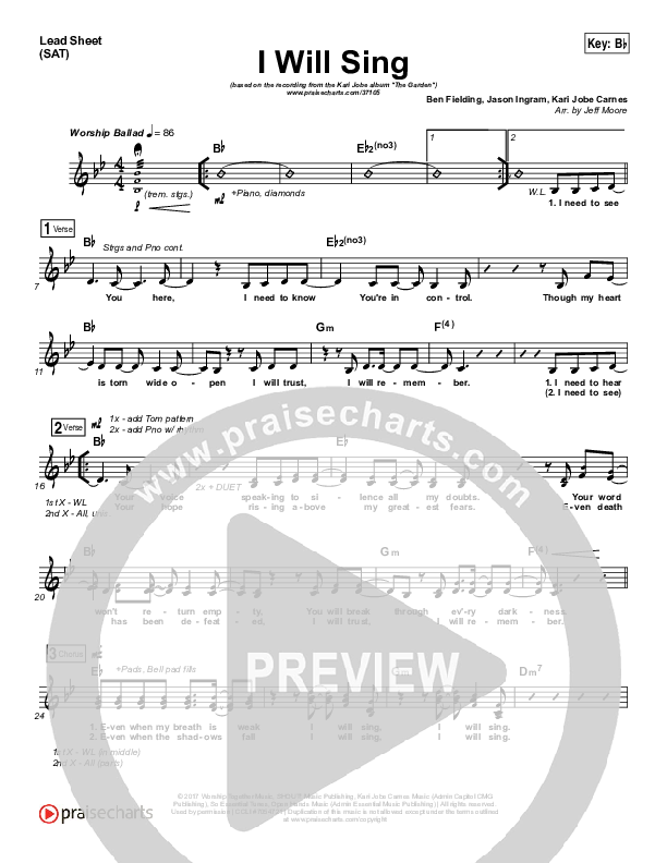 I Will Sing Lead Sheet (SAT) (Kari Jobe)