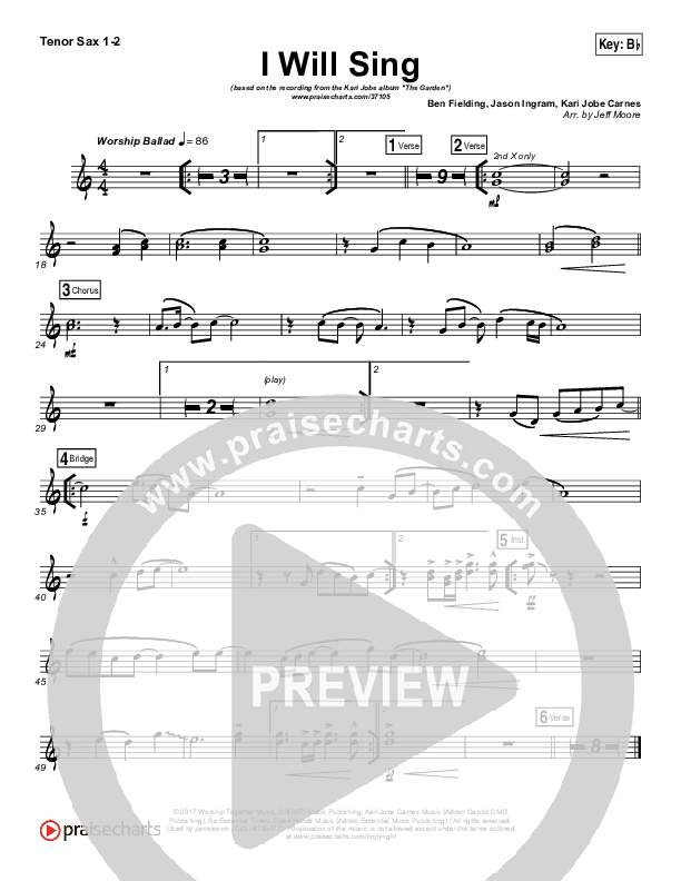 I Will Sing Tenor Sax 1/2 (Kari Jobe)