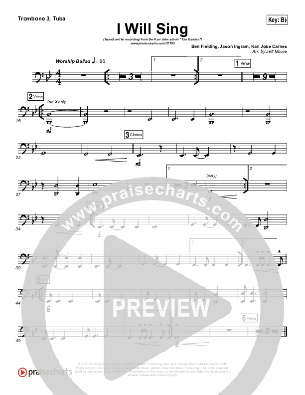 I Will Sing Trombone 3/Tuba (Kari Jobe)