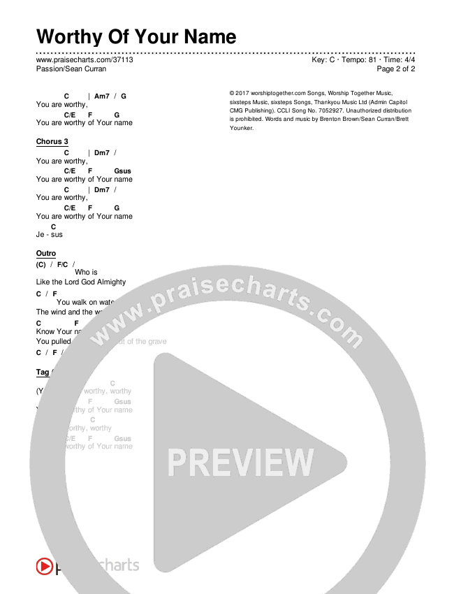 Worthy Of Your Name Chords & Lyrics (Passion / Sean Curran)