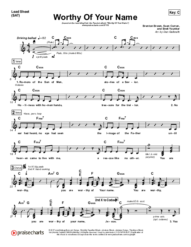 Worthy Of Your Name Sheet Music PDF (Passion / Sean Curran) PraiseCharts Worthy Of Your Name Sheet Music PDF (Passion / Sean Curran) PraiseCharts