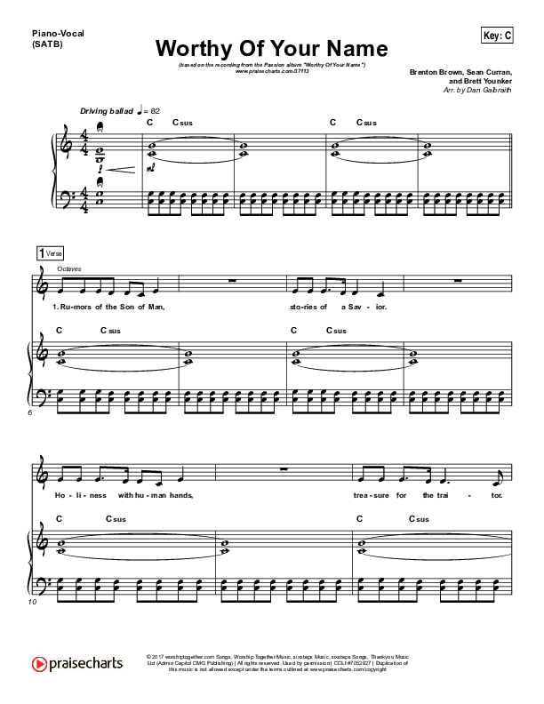 Worthy Of Your Name Piano/Vocal (SATB) (Passion / Sean Curran)