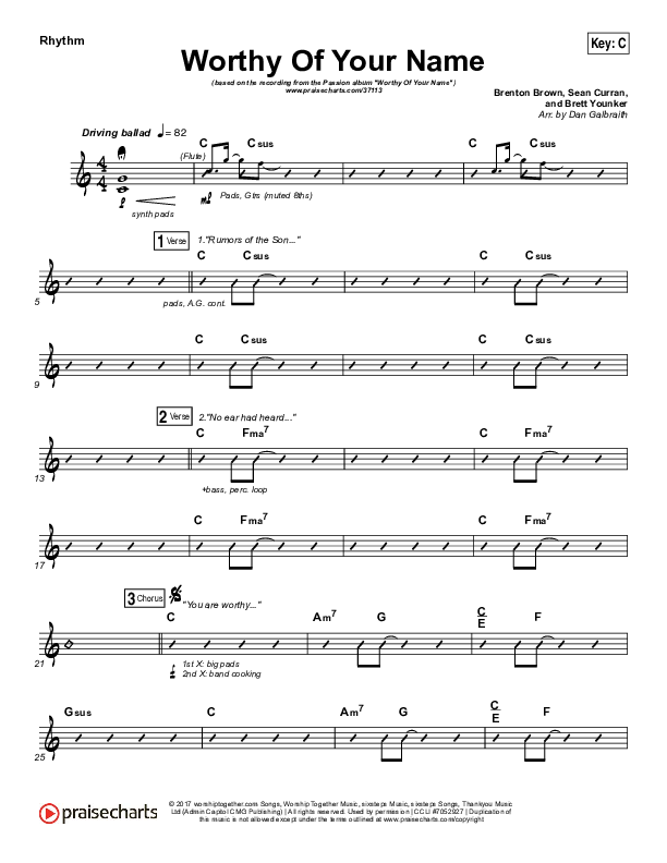 Worthy Of Your Name Rhythm Chart (Passion / Sean Curran)