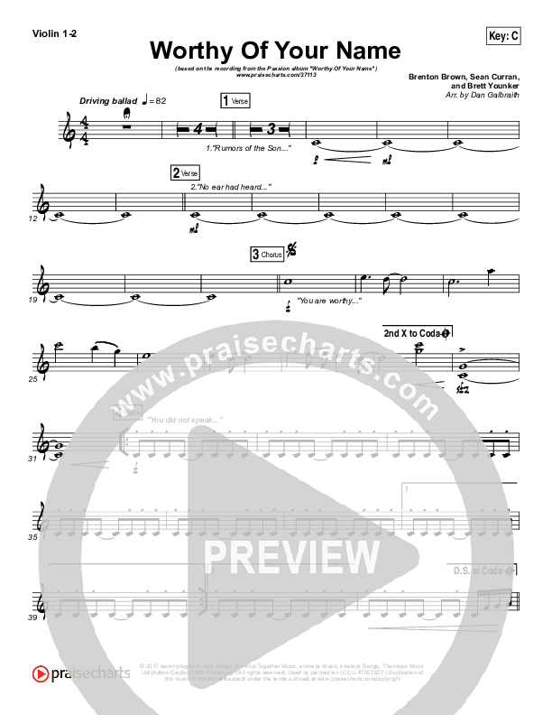 Worthy Of Your Name Violin 1/2 (Passion / Sean Curran)