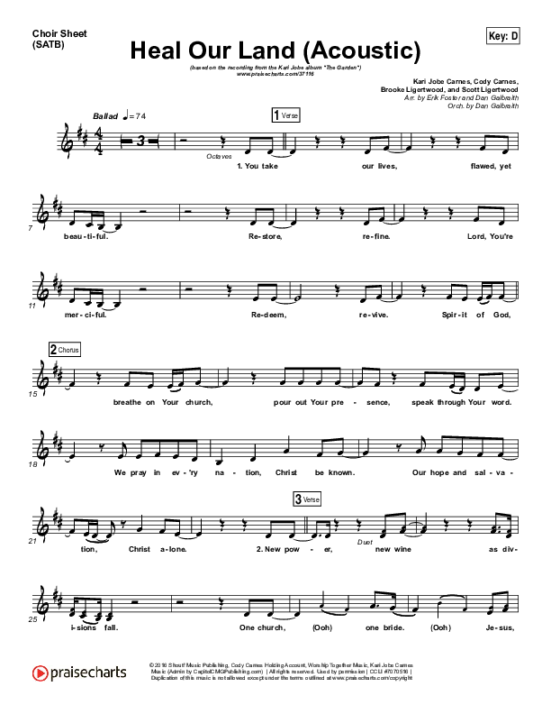 Heal Our Land (Acoustic) Choir Sheet (SATB) (Kari Jobe)