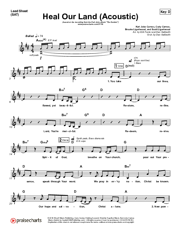 Heal Our Land (Acoustic) Lead Sheet (SAT) (Kari Jobe)