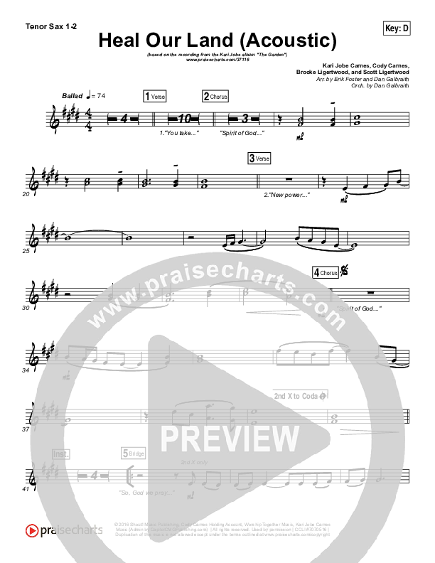 Heal Our Land (Acoustic) Tenor Sax 1/2 (Kari Jobe)
