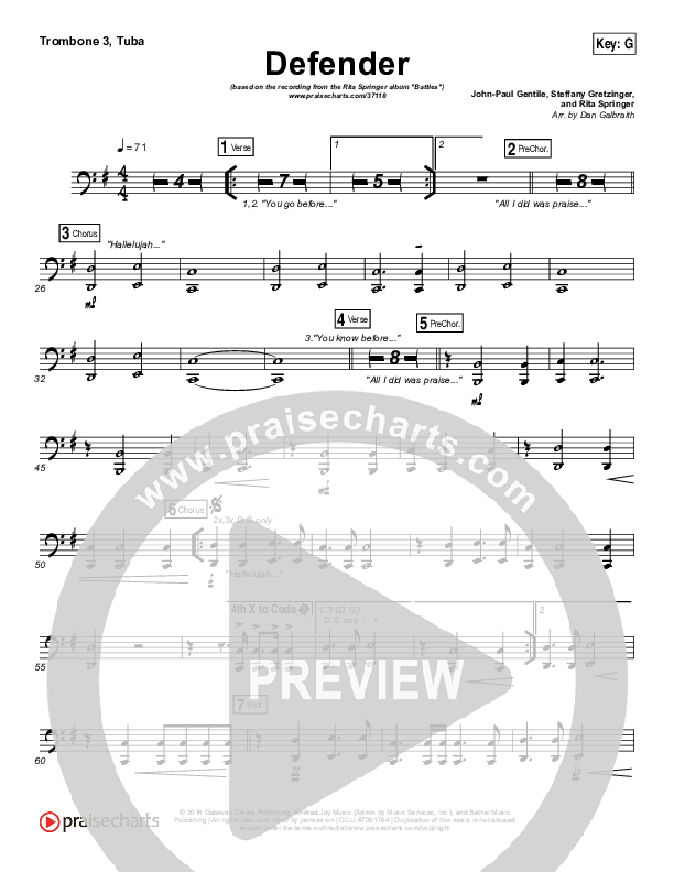Defender Trombone/Tuba Sheet Music PDF (Rita Springer) PraiseCharts