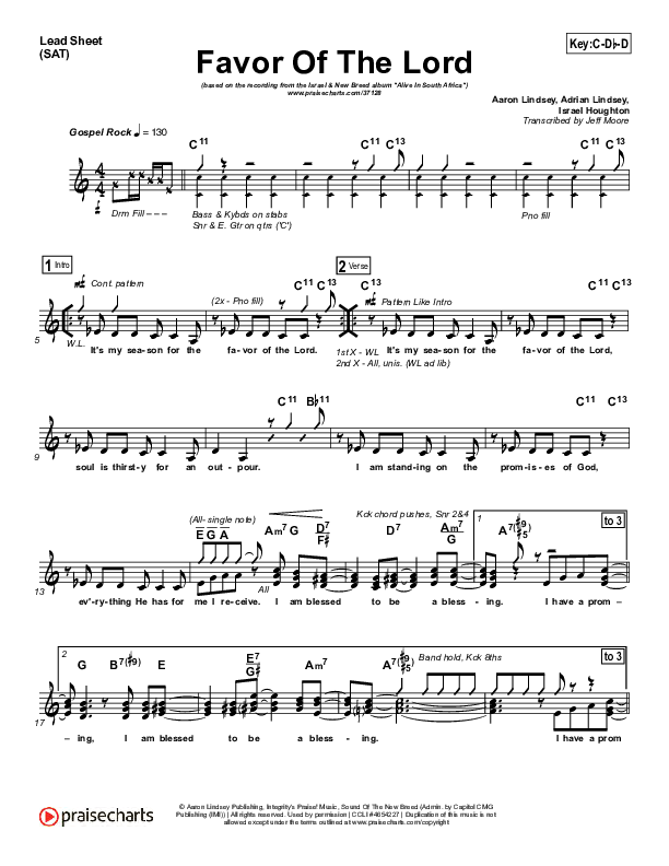 Favor Of The Lord Lead Sheet (SAT) (Israel Houghton)