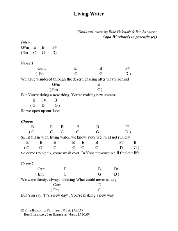 Living Water Chord Chart (Ellie Holcomb)