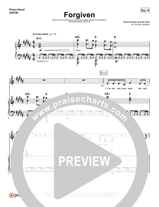Forgiven Lead Sheet Piano Vocal Passion David Crowder Praisecharts
