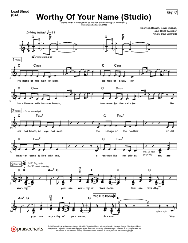 Worthy Of Your Name (Studio) Lead Sheet (SAT) (Passion / Sean Curran)