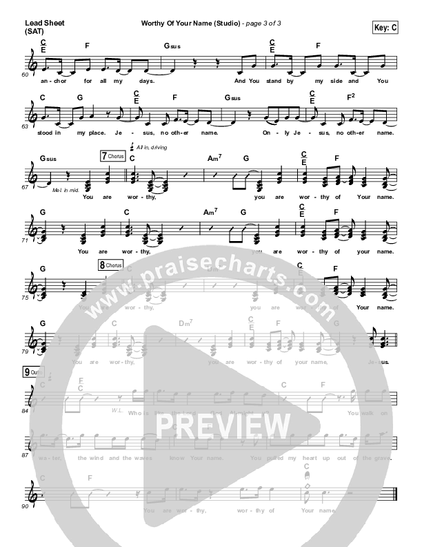Worthy Of Your Name (Studio) Lead Sheet (SAT) (Passion / Sean Curran)