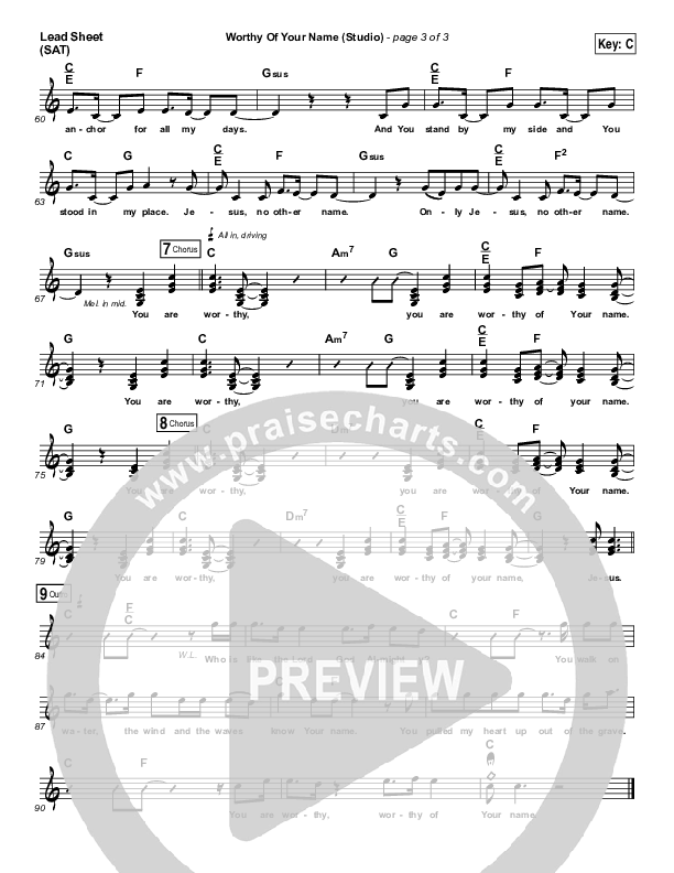 Worthy Of Your Name (Studio) Lead Sheet (SAT) (Passion / Sean Curran)