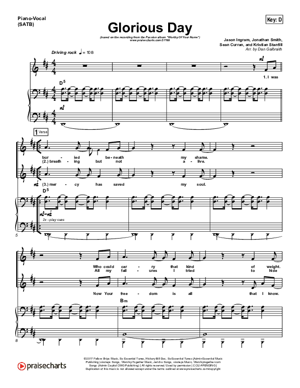 Glorious Day Sheet Music PDF (Passion / Kristian Stanfill) - PraiseCharts