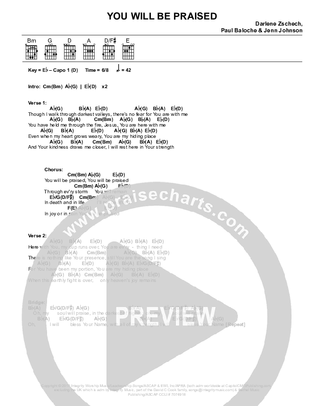 You Will Be Praised Chords & Lyrics (Darlene Zschech / Amanda Batterham)