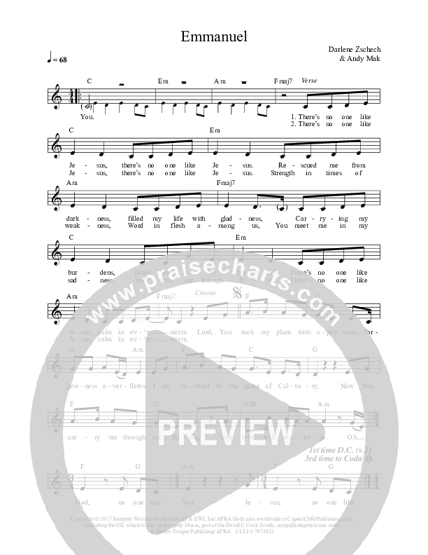 Emmanuel Lead Sheet (Darlene Zschech)