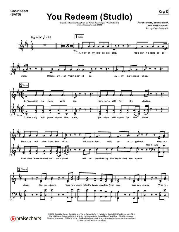 You Redeem (Studio) Choir Sheet (SATB) (Print Only) (Aaron Shust)