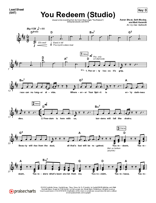 You Redeem (Studio) Lead Sheet (Print Only) (Aaron Shust)