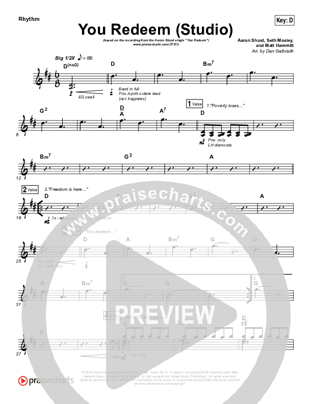 You Redeem (Studio) Rhythm Chart (Aaron Shust)